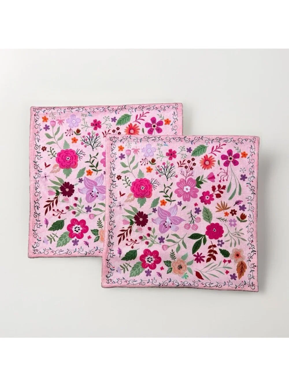Pillow Covers 18 X 18 Set Of 2 Pink Floral With Green Multi Color Soft Velvety